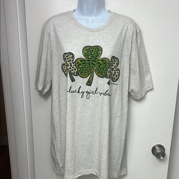 Bella Canvas Tops - 132.Short Sleeve T-Shirt with 3 animal print Shamrocks w/ “lucky girl vibes” XL